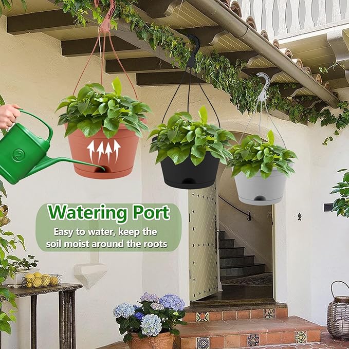 4 Pack Hanging Planters, 10 Inch Hanging Plant Pot with Hanger Chain & Drainage Trays, Hanging Baskets for Plants Outdoor Indoor, Plastic Flowers Pots for Home, Garden Decor (Terracotta Red)