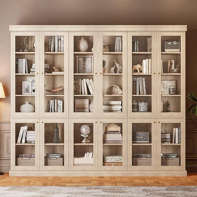 Vyre 70.8" Tall Brown Bookshelf with Glass Doors, Farmhouse Modular Bookcase with 6-Tier Adjustable Shelves, Large Storage Cabinet for Home Office, Living Room