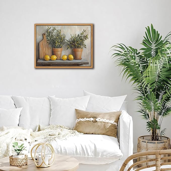 Floating Framed Vintage Kitchen Wall Art, Yellow Lemon Still Life Wall Decor Oil Paintings, Rustic Farmhouse Artwork Canvas Posters Prints Pictures for Living Room Bedroom Home Decor 12x16 Inch