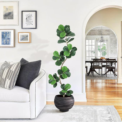 6ft Artificial Fiddle Leaf Fig Tree, Tall Fake Plants with White Planters, Artificial Plants Indoor with Realistic Moss for Home Decor Office Living Room