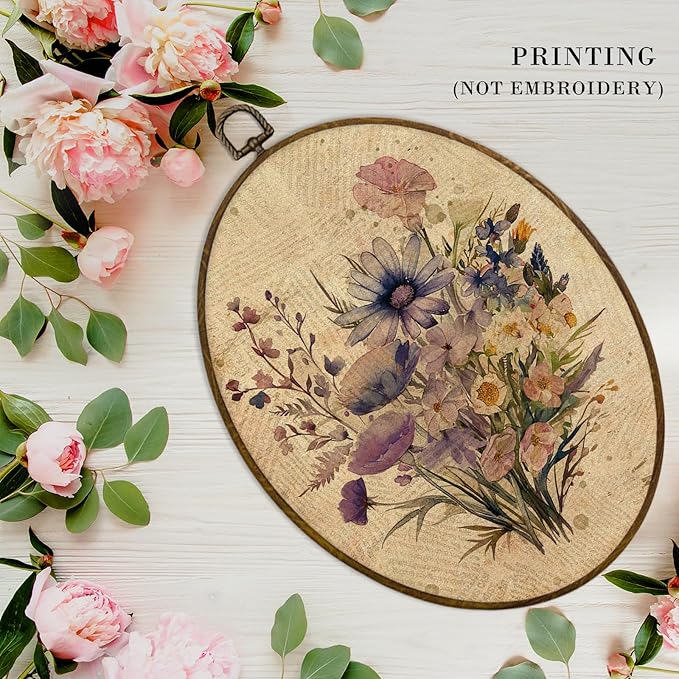 MAQIKA Vintage Flower Oval Framed Wall Art Decor, Wildflower Wall Art, Farmhouse Botanical Oval Wall Hanging Decor, Boho Purple Floral Canvas Prints Wall Art for Room Kitchen Bathroom, 8.7x11.3 Inch