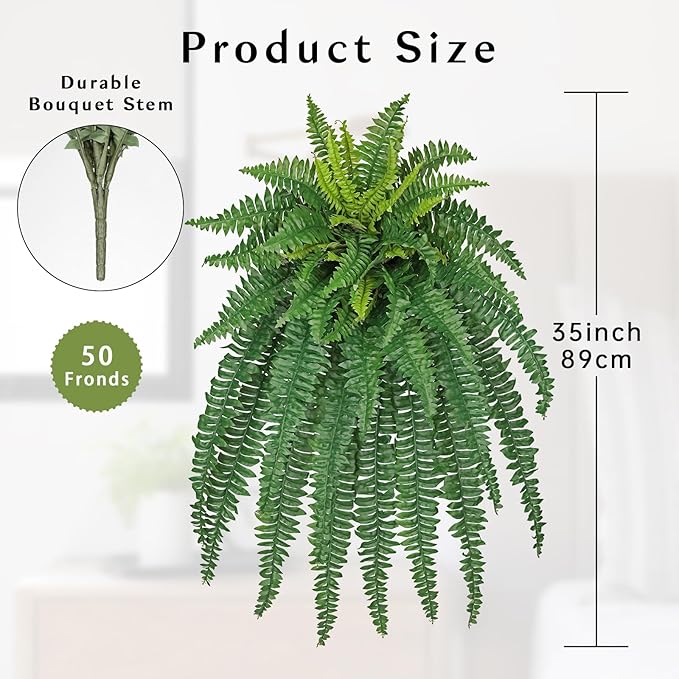 Ferns Fake Plants 50 Fronds Artificial Plants Outdoor 35" Long Fake Fern Look Real Large Plant Artificial Ferns Potted | Hanging Boston Fern | Fake Plant Shrubs for Home Garden Porch Farmhouse Decor