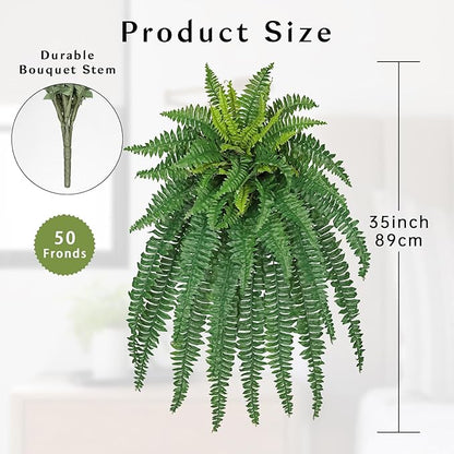 Ferns Fake Plants 50 Fronds Artificial Plants Outdoor 35" Long Fake Fern Look Real Large Plant Artificial Ferns Potted | Hanging Boston Fern | Fake Plant Shrubs for Home Garden Porch Farmhouse Decor