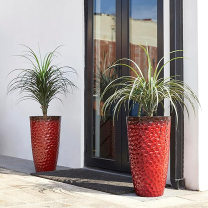 Glitzhome Large Planters for Outdoor Plant, 23.75" H Tall Outdoor Planter, Honeycomb Textured Gradient Red Plastic Planter, with Drainage Hole, Large Flower Pots for Porch Patio Deck Indoor, Set of 2