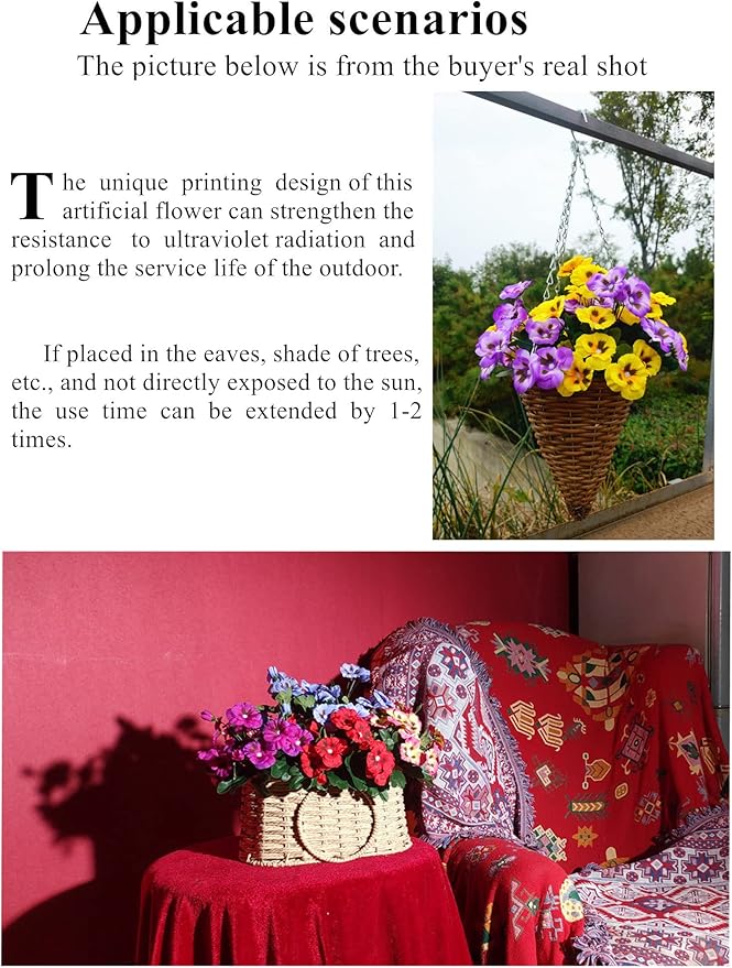 QIANYUN Fake Flowers-13in Pansy Small Wild Flower Artificial Plants Outdoor Plastic Purple Flowers for Home Wedding Kitchen Garden Table Centerpieces Indoor Outdoor Decor (Mixed Color)
