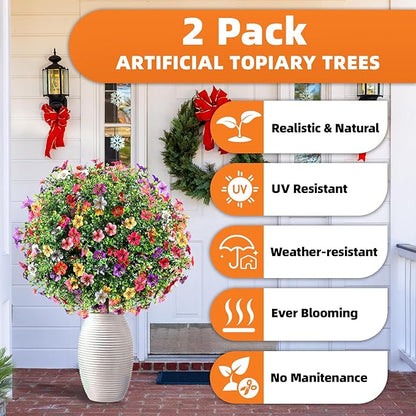 27.5" Artificial Boxwood Topiary Ball Trees with Colorful Flowers, Set of 2 Fake Bushes Shrubs with Ground Spike, UV Resistant Faux Evergreen Tree for Front Porch Outdoor Garden Decor