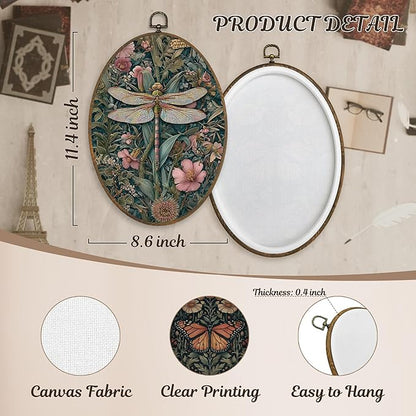 LKETW Vintage Floral Butterfly Dragonfly Oval Wall Art Decor, Dark Cottagecore Oval Canvas Hanging Decor, Rustic Wildflower Insect Wall Decorations for Home Living Room Bedroom, 8.6x11.4 Inch Set of 2