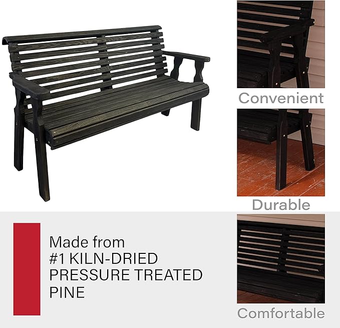 Amish Casual Heavy Duty 5 Foot Roll Back Outdoor Bench in Black Stain - Amish Made in The USA from Treated Pine for Outdoor Durability, 700 Lb Weight Capacity