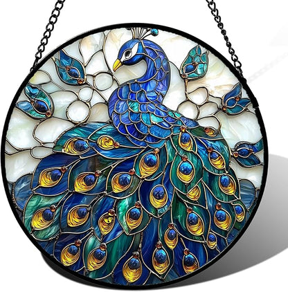 Stained Glass Window Hanging - Peacock Blue Gold Feathers Sun Catcher for Door Garden Home Decor Bird Suncatcher Christmas Mother's Day Birthday Gifts for Women Men Mom Nana 6.3 in