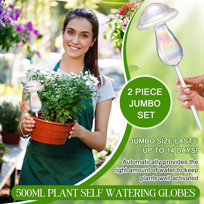 2 Pcs 17 Oz Plant Watering Globes Large Mushroom Shaped Iridescent Rainbow Self Watering Globes Clear Glass Planter Insert Devices for Indoor Outdoor Plant Lovers