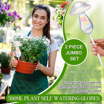 2 Pcs 17 Oz Plant Watering Globes Large Mushroom Shaped Iridescent Rainbow Self Watering Globes Clear Glass Planter Insert Devices for Indoor Outdoor Plant Lovers
