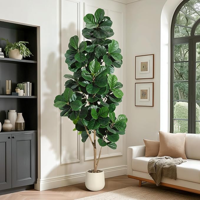 7 ft Fiddle Leaf Fig Tree Artificial with 141 Leaves - Realistic Faux Ficus Lyrata Trees in 9 in White Planter Pot, Indoor Fake Floor Plants for Home Office Living Room Decor, Housewarming Gift