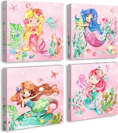 BLINFEIRU Mermaid Canvas Wall Art Set of 4, Cute Pink Watercolor Mermaid Pictures for Girls Room Bathroom Wall Decor, Modern Home Bedroom Nursery Decorations, Framed Artwork 12x12 Inch