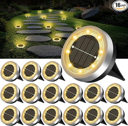 Mini Solar Ground Lights Outdoor 16 Pack Waterproof Upgraded Anti-Rust Solar Flat Garden Lights Stainless Steel Solor Powered Disc Landscape Light for Pathway Walkway Yard Lawn Patio-Warm White