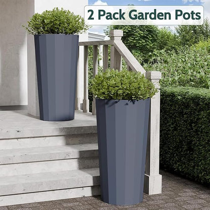 2PCS Tall Planters for Outdoor Plants, 23.6 Inches Large Outdoor Conical Flower Pots for Porch with Drainage Holes and Drainage Baffle, Tapered Large Planters for Garden, Balcony Use, Grey