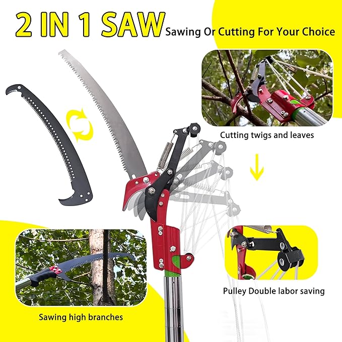 Manual Pole Saw, 7.3-27 ft Extendable Tree Pruner, Sharp Steel Blade & Scissors for High Branches Trimming, Lightweight 8 Fiberglass Handles, Ideal for Backyard/Garden Palm & Shrub Pruning