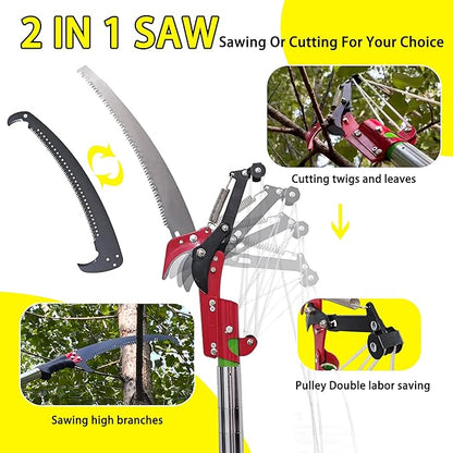 Manual Pole Saw, 7.3-27 ft Extendable Tree Pruner, Sharp Steel Blade & Scissors for High Branches Trimming, Lightweight 8 Fiberglass Handles, Ideal for Backyard/Garden Palm & Shrub Pruning