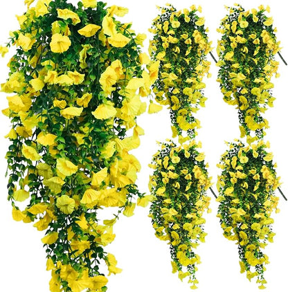 4-Pack Fake Hanging Plants, Faux Hanging Plant Artificial Greenery for Living Room Bedroom Boho Wall Shelf Indoor Outdoor Decor (Yellow Morning Glory)