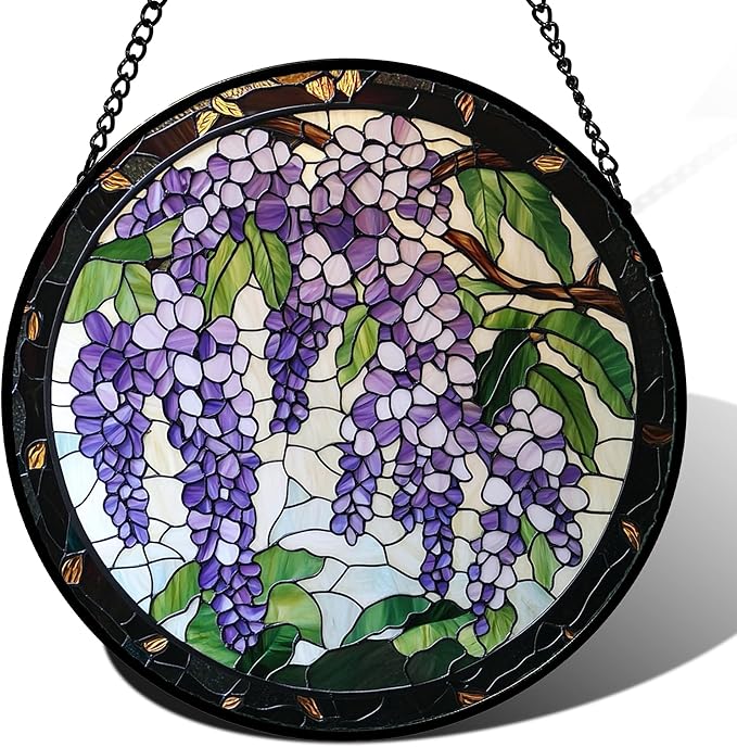 Stained Glass Window Hanging - Wisteria Flower Tree Suncatcher for Doors Garden Patio Plant Sun Catchers Decor Christmas Mother's Day Birthday Gifts for Women Men Mom Nana Friend 15 in