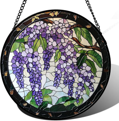 Stained Glass Window Hanging - Wisteria Flower Tree Suncatcher for Doors Garden Patio Plant Sun Catchers Decor Christmas Mother's Day Birthday Gifts for Women Men Mom Nana Friend 9.8 in