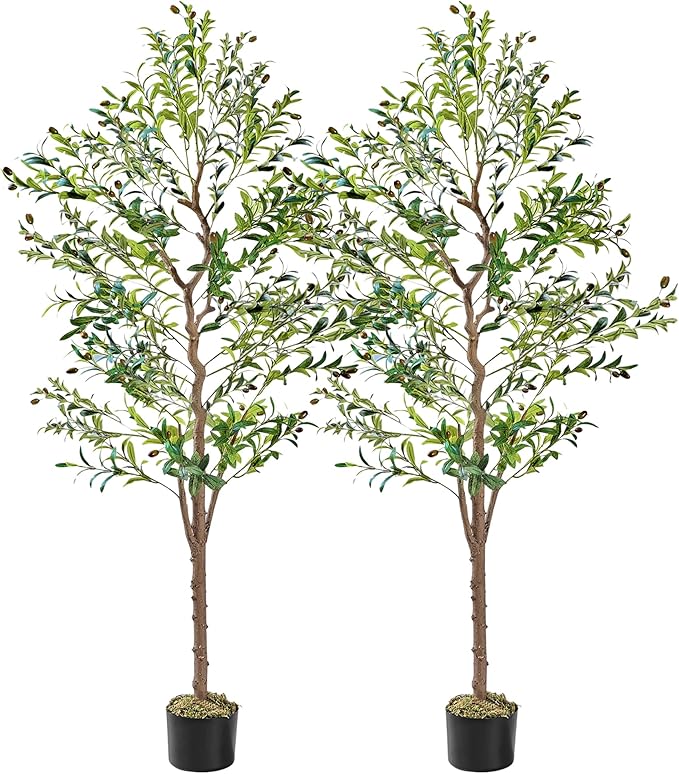 VECELO Artificial Olive Tree 6FT(72inch), Tall Faux Olive Trees in Pot, Fake Silk Plant with Dried Moss for Indoor Outdoor Home Office Decor, 2 Pack