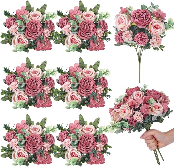 6 Pcs Artificial Peony Silk Florals Fake Mix Silk Peony Rose Faux Flower Hydrangea Bouquet Elegant Realistic Wedding Floral Centerpiece for Home Party Table Arrangement (Champagne with Red)