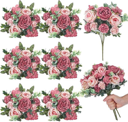 6 Pcs Artificial Peony Silk Florals Fake Mix Silk Peony Rose Faux Flower Hydrangea Bouquet Elegant Realistic Wedding Floral Centerpiece for Home Party Table Arrangement (Champagne with Red)