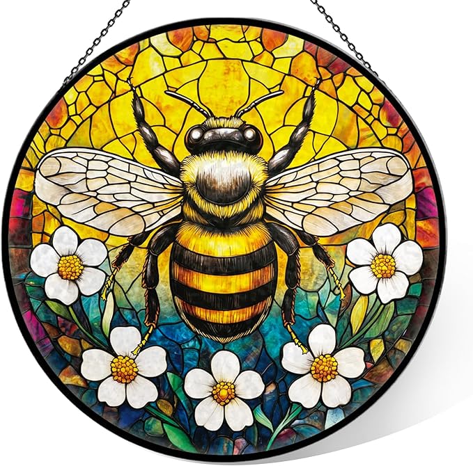 Bee Sunflower Stained Glass Window Hanging, 7.9" Vintage Bee Yellow Flower Sun Catcher for Window Door Home Decor, Bumblebee Suncatcher Christmas Birthday Gifts for Women Friends