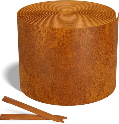 Worth Galvanized Steel Landscape Edging 8" x25' Metal Garden Edging Roll Flexible Bender Border with 8Pcs Stakes for Lawn, Flower Bed Edges, Rust-Colored Painted