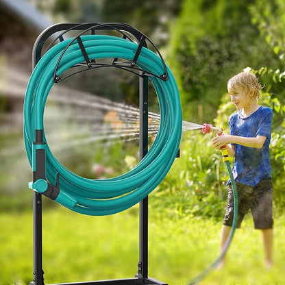 Meykwod Garden Hose Holder, Heavy Duty Water Hose Holder with 4 Spikes Holds 150ft Water Hose, Sturdy Freestanding Hose Stand Hose Hanger Hose Storage for Outside Yard Lawn (Metal, Black)