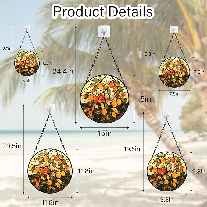 Stained Glass Suncatcher, Orange Green Fruit Tree Sun Catcher Landscape Stain Glass Window Hanging Decoration Mother's Day Birthday Gifts for Women Men Mom Nana 9.8 in