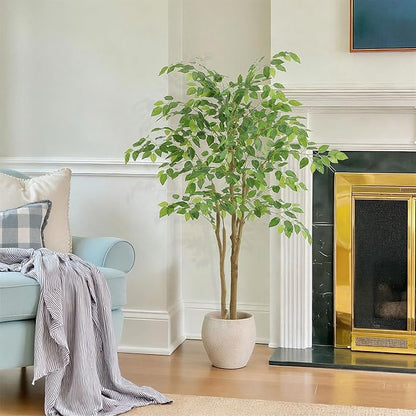 Tall UV Resistant Ficus Tree Artificial，4ft(48in) Faux Ficus Tree with Realistic Smooth and Shiny Leaves， Fake Trees Indoor Outdoor for Home Office Living Room Bedroom Foyer Porch Decor.