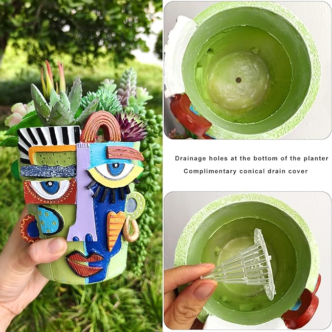 5.9" High Handcrafted Abstract Face Planter with Drain Hole - Vibrant Resin Flower Pot for Indoor Outdoor Decor