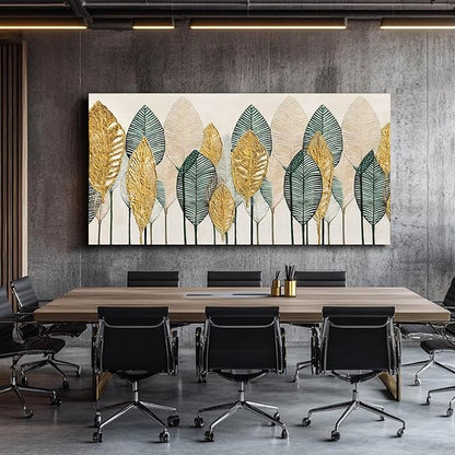 CHUDANHAO Green Canvas Artwork Gold Leaves Painting Beige Art Modern Wall Decor for Office Living Room Neutral Wall Art 29"x58" Print Photos