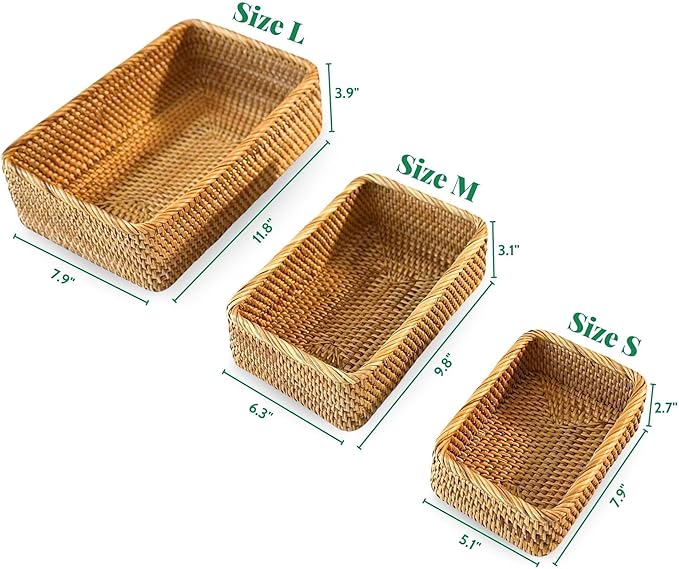 Natural Rattan Woven Baskets, Rectangular Wicker Basket for Organizing Living Room, Storage Bathroom, Kitchen Decor, Kitchen Storage, 3 Packs