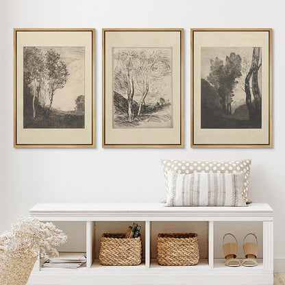Ashbrook Framed Canvas Print Wall Art Set Fine Art Country Farmhouse Decor Landscapes Duotone Nature Wilderness Illustrations Floral Botanical Calm/Relax/Cozy for Bedroom - 16"x24"x3 NATURAL