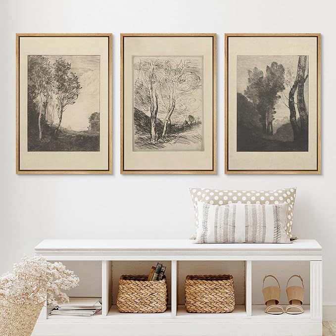 Ashbrook Framed Canvas Print Wall Art Set Fine Art Country Farmhouse Decor Landscapes Duotone Nature Wilderness Illustrations Floral Botanical Calm/Relax/Cozy for Bedroom - 24"x36"x3 NATURAL