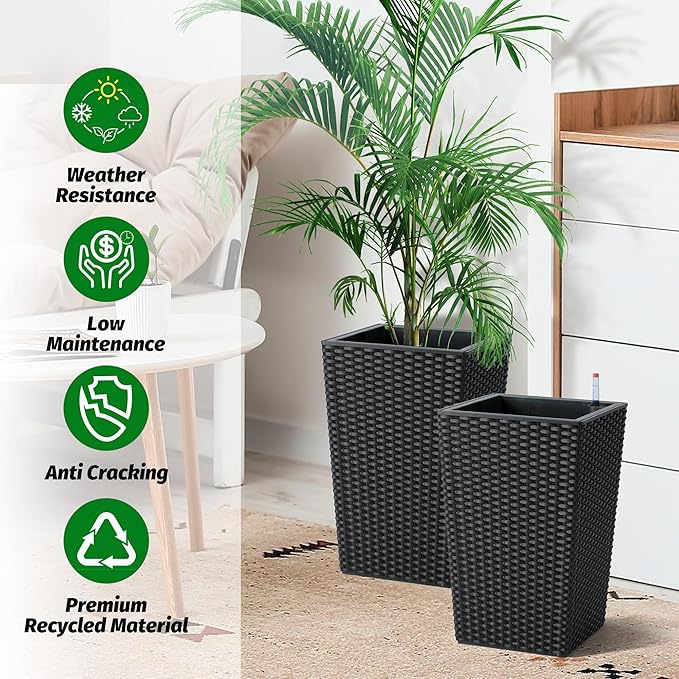 GarveeLife 16 Inch Tall Rattan Planter Set of 4, Self Watering Plant Pots with Water Level Monitor, Outdoor and Indoor Flower Pots for Patio, Porch, Living Room, or Home Office, Black