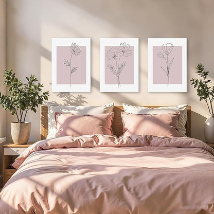 WRFON Pink Line Flower Canvas Wall Art, Light Pink Botanical Aesthetic Pictures, Minimalist Black Line Floral Poster Prints, Abstract Plants Wall Decor for Girls' Room Apartment Framed 12"x16"x3