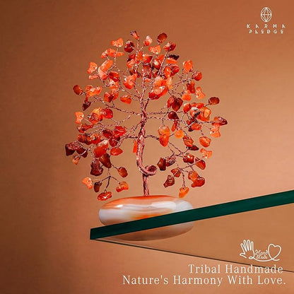 KARMAPLEDGE Crystal Tree of Life Home and Office Feng Shui Decor, Carnelian Healing Crystal Handmade Bonsai Tree for Positive Energy, Good Luck, Money, Christmas Decor, Birthday Gifts for Women, Mom