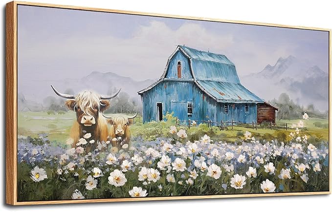 Anolyfi Highland Cow Farmhouse Wall Dceor for Living Room, Barn Picture Wall Decor for Bedroom Dining Room Office Hallway Home Decor, Framed 58"x29"