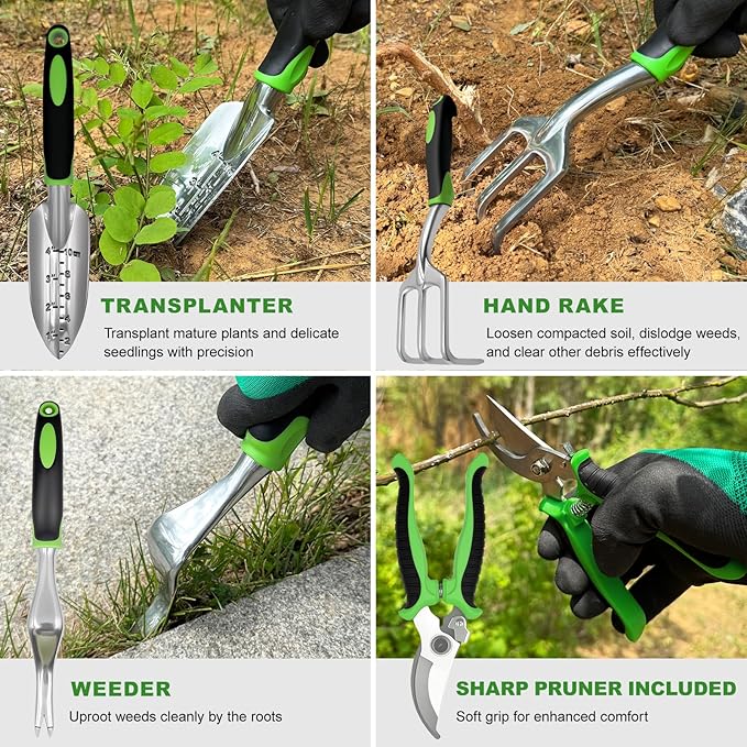 Gardening Tool Set, 11-Piece Outdoor Gardening Tools, Indoor Mini Gardening Planting Set Suitable for Women, Seniors, and Left-Handed Users with Green Non-Slip Handles. (Gray)