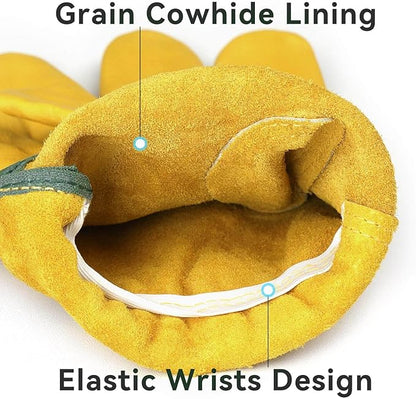 OZERO Leather Work Gloves Flex Grip Tough Cowhide Gardening Glove for Wood Cutting/Construction/Driving/Garden for Men and Women 1 Pair (Gold,Large)