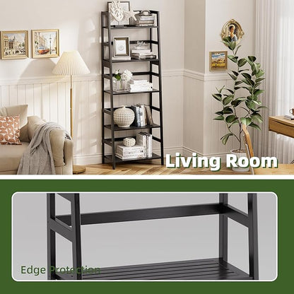 Ladder Shelf, 5-Tier Bookshelf, All Bamboo Heavy Duty Bookcase, Freestanding Open Wood Storage Rack, Modern Corner Display Plant Stand for Living Room, Home Office, Bathroom, Bedroom, Black