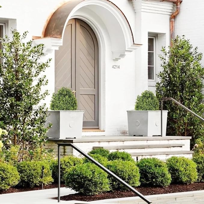 24" Faux Boxwood Plants Outdoor, Artificial Topiary Ball Trees Set of 2, UV Resistant Fake Potted Evergreen Realistic Greenery Bushes Shrubs for Outside Front Porch Planter Patio Indoor Decor 2ft Tall