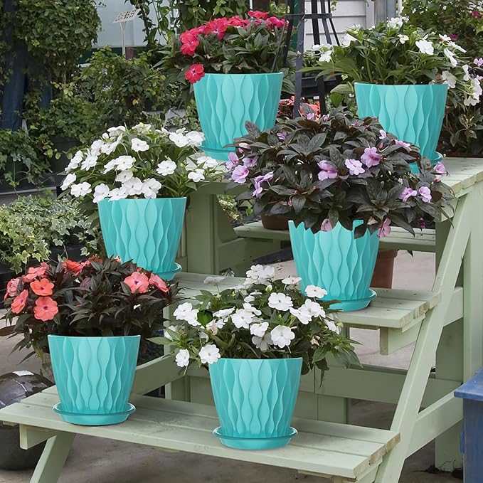6 Inch Plant Pots with Saucers, 6 Pack Indoor Flower Pots, Planters with Drainage Holes for Orchids, Violets, Succulents, Herbs, and Other Plants, White (Black-Green, 6inch)