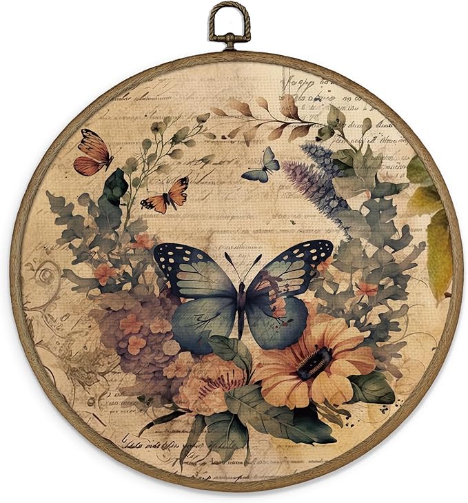 MAQIKA Vintage Butterfly Flower Framed Wall Art Decor, Butterfly Bathroom Decor, Botanical Floral Round Wall Hanging Decor, Retro Butterflies Canvas Prints Wall Art for Bedroom Home, 10x10 Inch