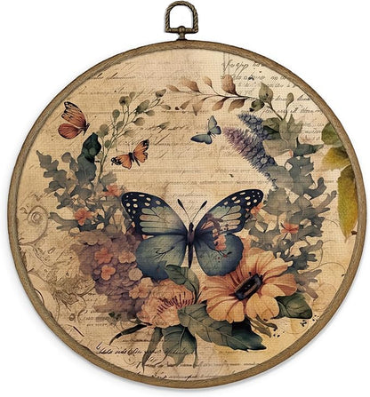 MAQIKA Vintage Butterfly Flower Framed Wall Art Decor, Butterfly Bathroom Decor, Botanical Floral Round Wall Hanging Decor, Retro Butterflies Canvas Prints Wall Art for Bedroom Home, 10x10 Inch