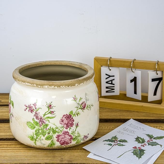 Large Ceramic Pot for Planters, Ice Crack Glazed Flower Pot with Drainage Holes,5.91inch Vintage Planters for Indoor and Outdoor (Pink)