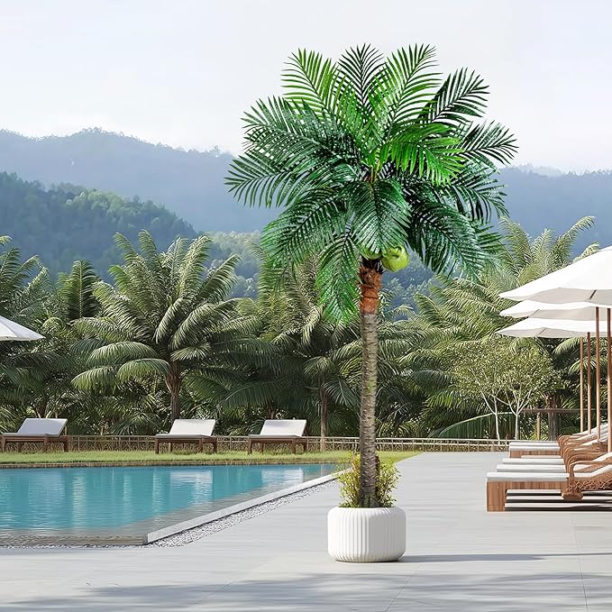 Artificial Phoenix Palm Tree 9.1ft Tall - Fake Large Tropical Tree with Adjustable Leaves, Realistic Faux Sago Palm for Indoor Outdoor Decor, Patio, Poolside, Yard, Living Room, Office
